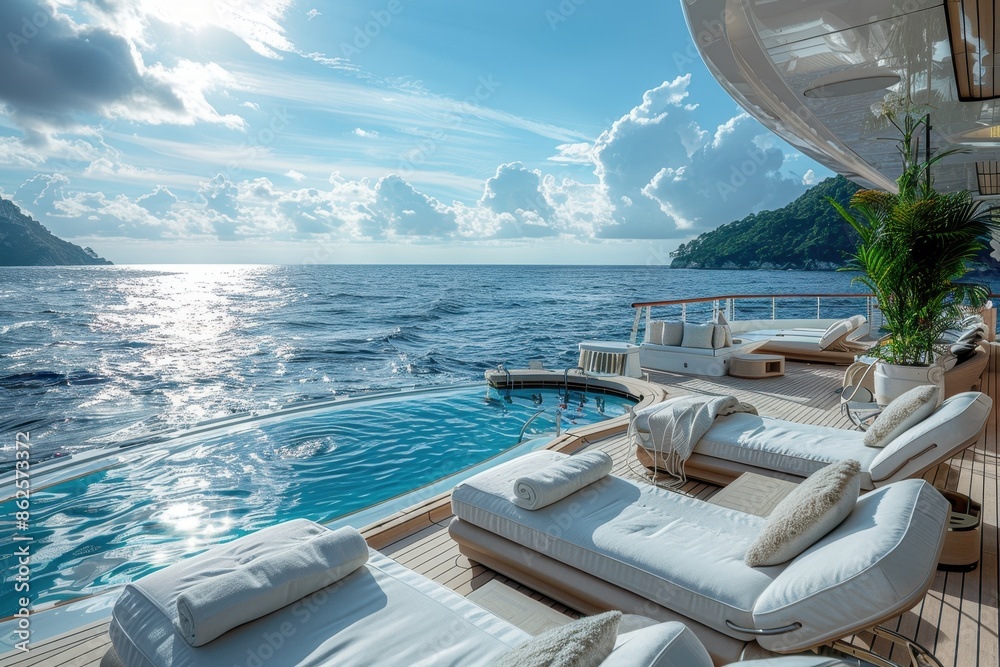 Fototapeta premium A luxurious cruise ship deck with sun loungers, a swimming pool, and an endless view of the ocean.