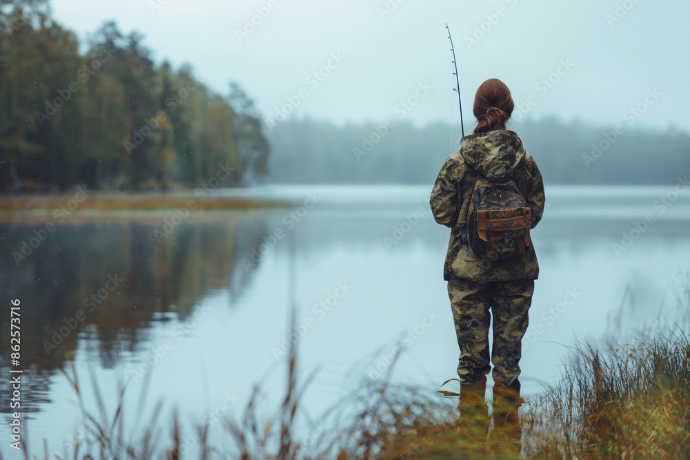 Solitary Fisher Amidst Tranquil Lake Scenery Solitary Fisher Amidst Tranquil Lake Scenery