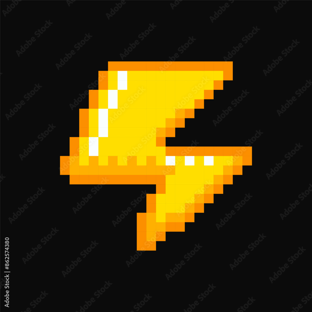 Fototapeta premium Lightning pixel item for game interface, energy magic game element, lightning 8 bit resource.