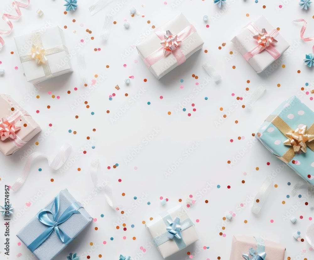 Festive Celebration with Elegant Gift Boxes and Confetti Festive Celebration with Elegant Gift Boxes and Confetti