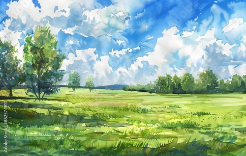 Background of a green landscape with blue skies and trees in watercolor.