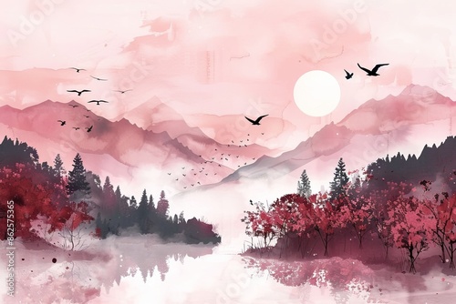 Landscape watercolor with lake and mountains at dawn in a Japanese style.