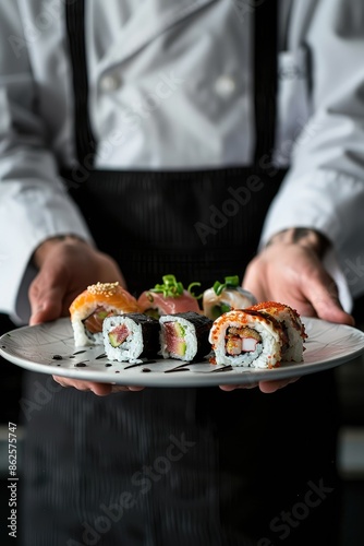 close-up holding a bowl of sushi. Selective focus