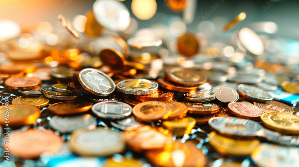 Coins and banknotes, scattered on a table, front view, illustrating financial abundance, futuristic tone, Analogous Color Scheme Coins and banknotes, scattered on a table, front view, illustrating financial abundance, futuristic tone, Analogous Color Scheme