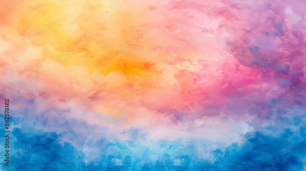 An abstract sunset sky with puffy clouds in vibrant rainbow colors of pink, blue, yellow, orange and purple. An abstract sunset sky with puffy clouds in vibrant rainbow colors of pink, blue, yellow, orange and purple.