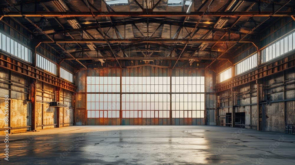 Empty industrial garage with high ceilings and metallic walls Empty industrial garage with high ceilings and metallic walls