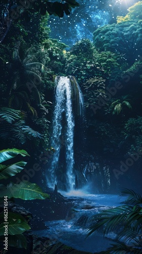 Waterfall, Night sky, Jungle image wallpaper - generative ai