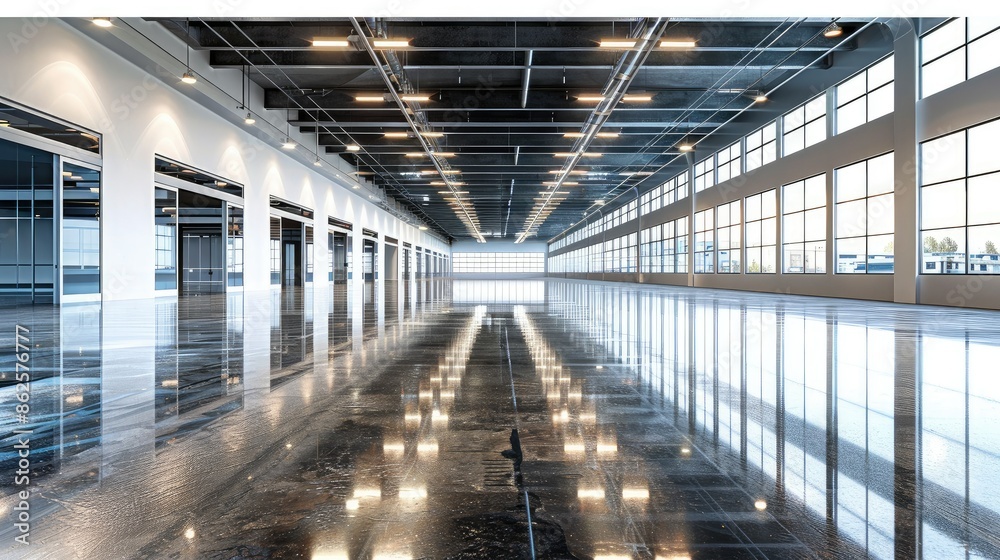Empty showroom with glossy floors and ambient lighting Empty showroom with glossy floors and ambient lighting