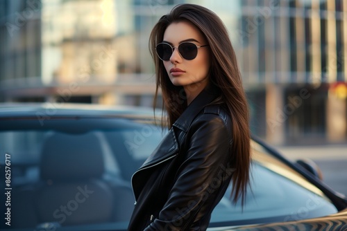 Stylish Urban Woman in Leather Jacket Posing with Sunglasses
