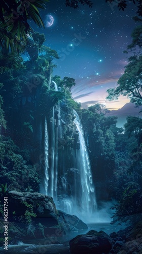 Waterfall, Night sky, Jungle image wallpaper - generative ai © Nia™
