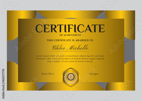 Elegant black and gold blue diploma certificate template with luxury badge and modern line pattern. For award, business, and education needs. Use for print, certificate, diploma, graduation