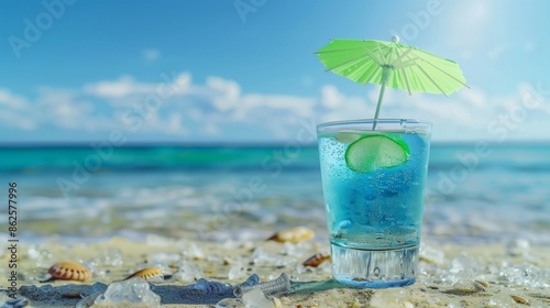 Elegant summer drink with a green umbrella, clear glass, vibrant blue drink, minimalistic beach background, refreshing and stylish