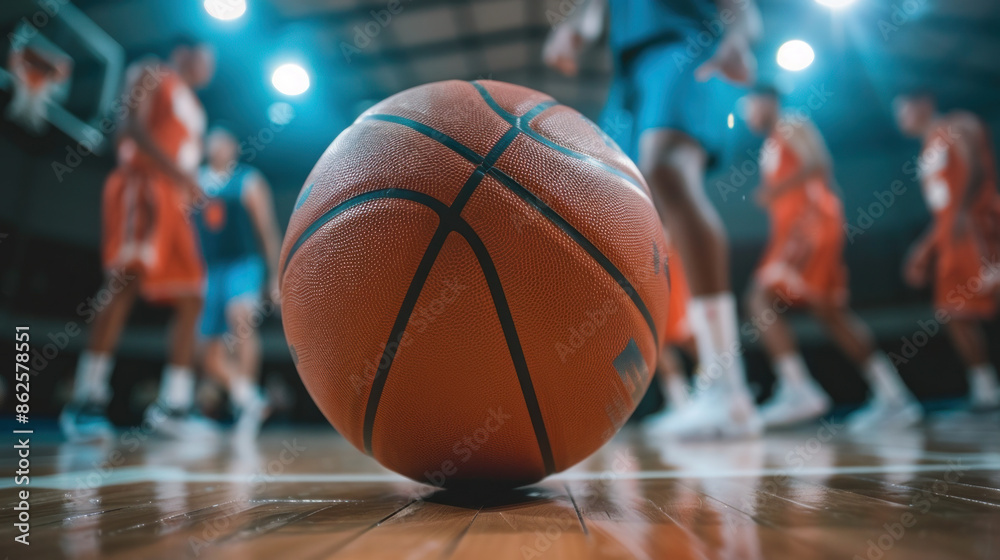 Close-up image of a basketball on a hardwood court, with blurred basketball players in the background. Close-up image of a basketball on a hardwood court, with blurred basketball players in the background.
