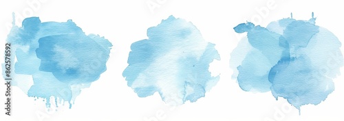 Blue watercolor clouds on white background. Cyan watercolour water splash texture. Set of modern pastel color paint stains with blue watercolor background.