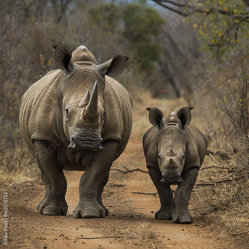 Rhino mother and calf walking side by side in South Africa's Kruger National Park. © Warakorn