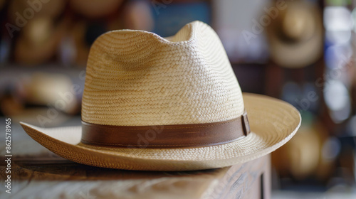 A traditional Panama hat is a handwoven hat made from the leaves of the Toquilla palm tree, which is native to Ecuador. The hats are traditionally made in the city of Cuenca, Ecuador. photo