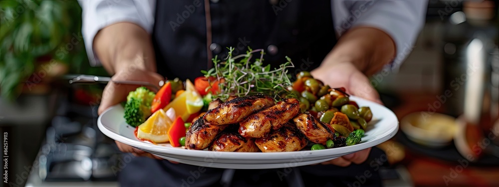 the cook holds a bowl of chicken dish. Selective focus the cook holds a bowl of chicken dish. Selective focus