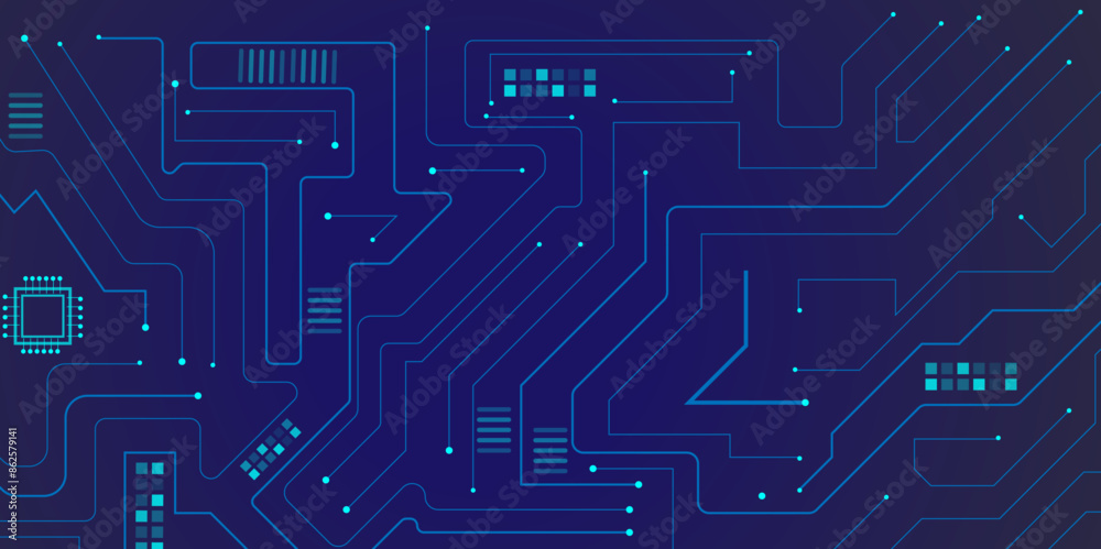 Glowing light blue neon AI chip with thin circuit contact lines. Technology lines circuit and dots on blue background, circuit board network connection. Glowing light blue neon AI chip with thin circuit contact lines. Technology lines circuit and dots on blue background, circuit board network connection.