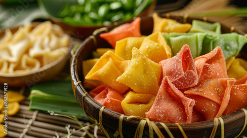 Colored crackers for seblak, an Indonesian noodle dish with spicy coconut sauce. photo