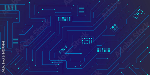  Technology connected blue lines with electronics elements on tech bg. Circuit connected lines and dots on abstract motherboard.