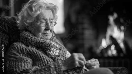Elderly woman knitting in a chair in a living room