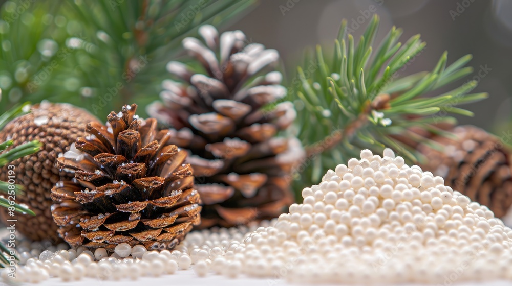 Fototapeta premium White beads and pine cones with Pinus merkusii seeds in focus
