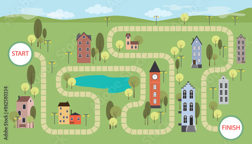 Vector illustration of a cute game background. Cartoon landscape scene with a maze, with start and finish inscriptions, trees, river, vintage houses with benches, stairs, street lamps, sky and clouds.