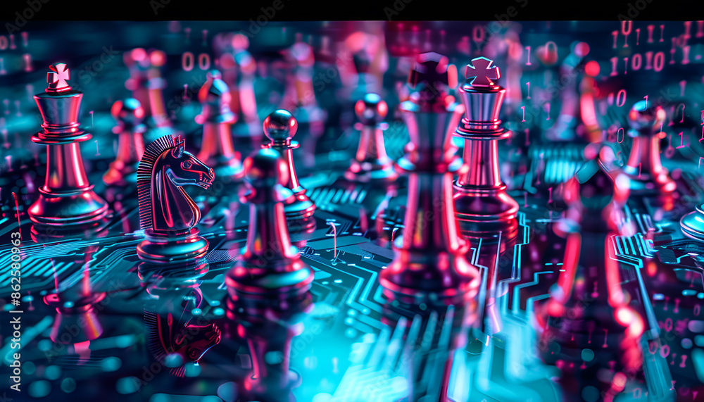 Chess pieces on board in neon lights. Circuit board pattern and binary code symbolizing artificial intelligence Chess pieces on board in neon lights. Circuit board pattern and binary code symbolizing artificial intelligence