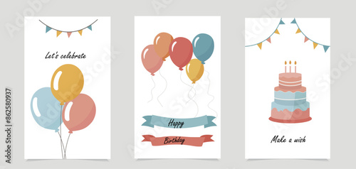 Happy birthday card set with cake, balloons and calligraphy. Cute bright vector templates