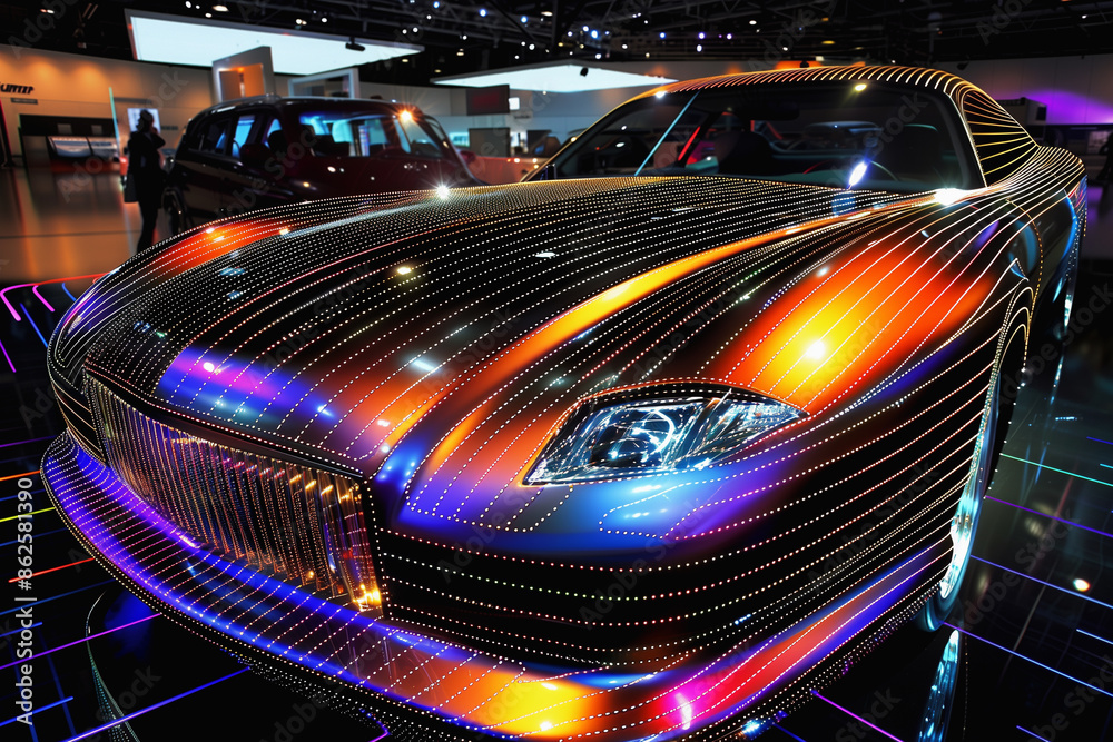 A futuristic car with vibrant, multicolored LED lights on display at an auto show A futuristic car with vibrant, multicolored LED lights on display at an auto show