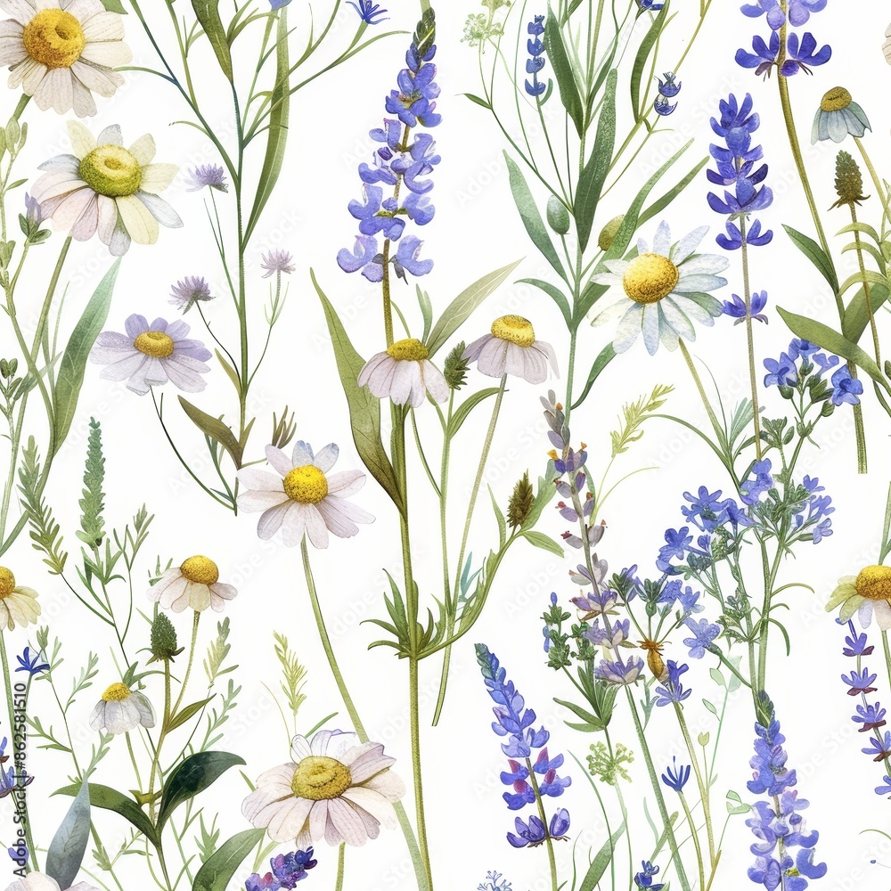 Watercolor hand drawn summer wild field flowers seamless pattern. Stock illustration. Watercolor hand drawn summer wild field flowers seamless pattern. Stock illustration.