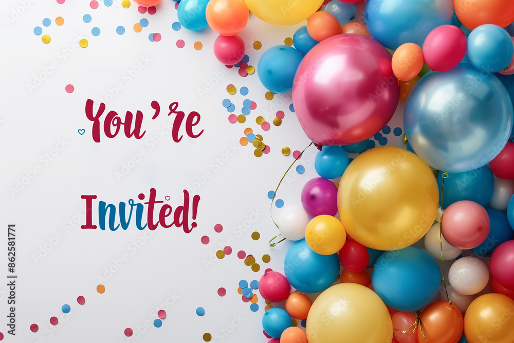 Fototapeta premium a mockup of an invitation card for a children’s party on a white background with colorful balloons and the words ‘You’re Invited!’