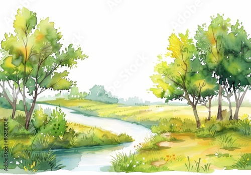 An illustration sketch of a watercolour vintage summer composition depicting a green landscape with trees, a river, grass and vegetation on a white background.