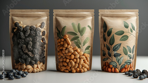 Fototapeta Naklejka Na Ścianę i Meble -  a mockup of an eco-friendly packaging design for organic snacks. The packaging is craft paper with green and brown natural tones, displaying images of nuts and dried fruits