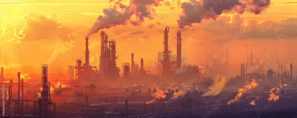 A detailed panoramic view of an oil refinery complex under the warm glow of sunrise, showcasing industrial structures, pipelines, and machinery against a vibrant sky A detailed panoramic view of an oil refinery complex under the warm glow of sunrise, showcasing industrial structures, pipelines, and machinery against a vibrant sky