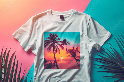 flat lay mockup featuring a white t-shirt with a vibrant graphic print of a tropical scene including palm trees and a sunset, the background is a soft pastel color to enhance the colors of the print