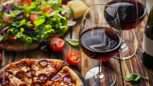 Delicious Italian pizza, salad, and red wine on a rustic wooden table. A fast food lunch, celebration, or gathering.