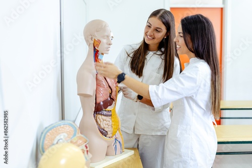 Two young medical students in white coats are closely examining a human anatomical model within a classroom setting, focusing on the anatomy of the human body.