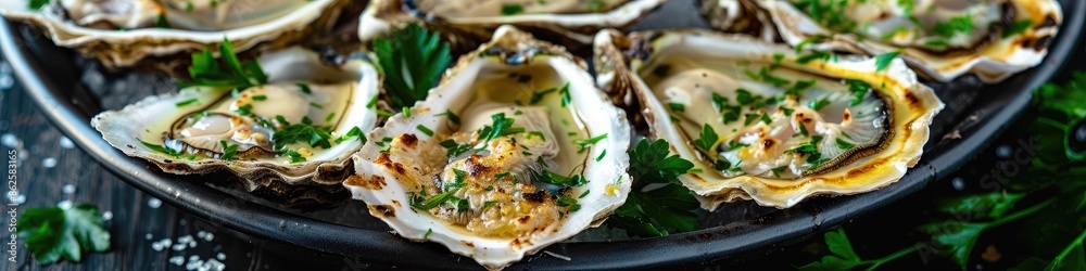 close-up of ready oysters on the table. Selective focus close-up of ready oysters on the table. Selective focus
