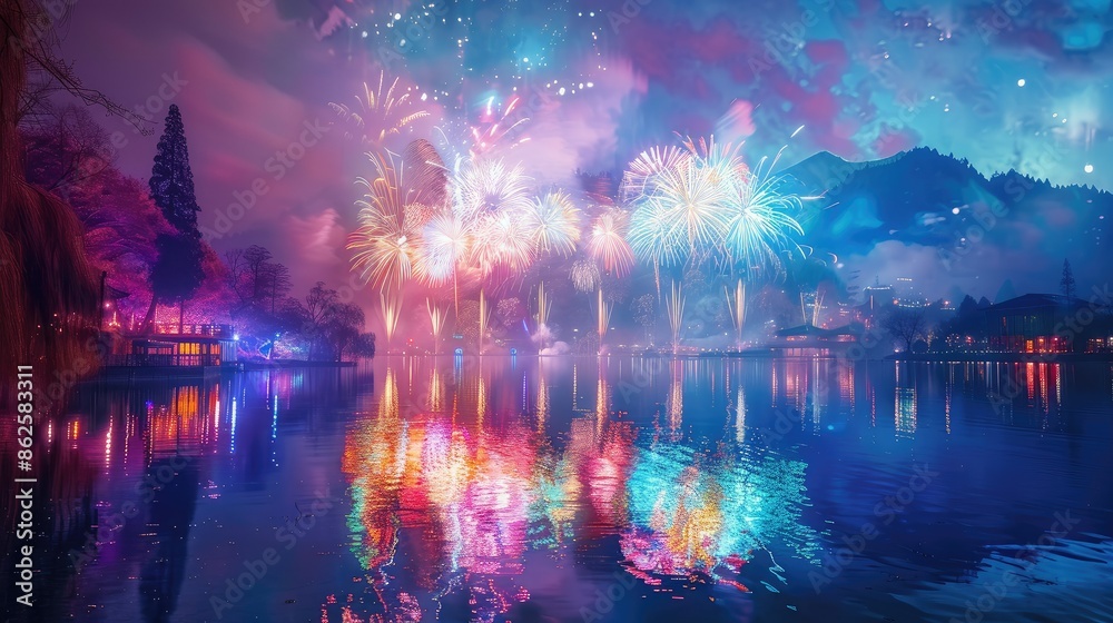 Fototapeta premium Fireworks over a serene lake, reflecting vibrant colors in the water