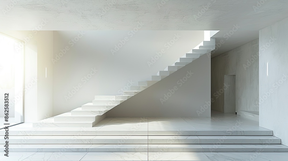 Fototapeta premium Floating staircase in a minimalist white interior