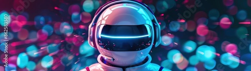 A futuristic astronaut helmet with neon lights and bokeh background creating a sci-fi ambiance and futuristic atmosphere. photo