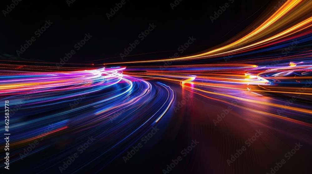 Fluid light trails in vibrant colors over a dark background Fluid light trails in vibrant colors over a dark background