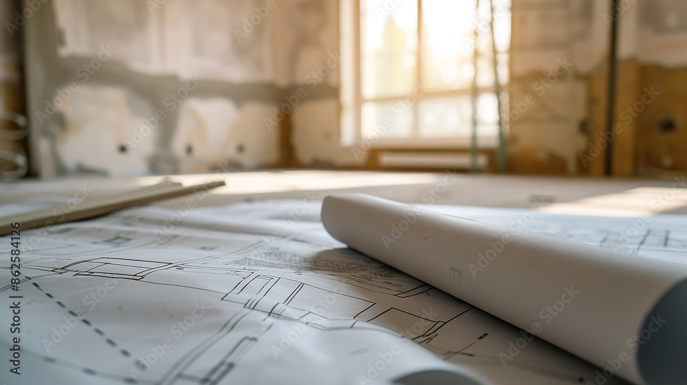 Construction drawing on the background of a renovated room, image of the construction industry Construction drawing on the background of a renovated room, image of the construction industry