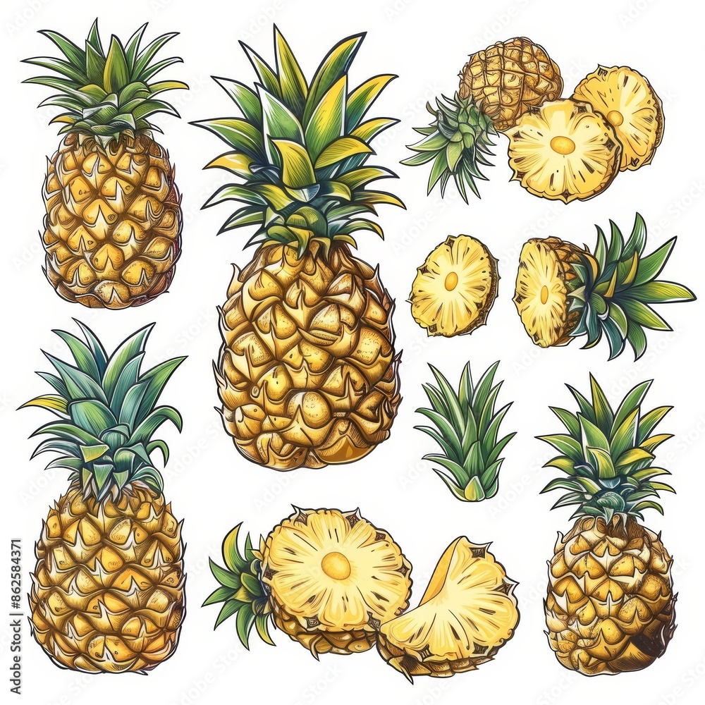 Pineapple whole and three kinds of slices - round, unpeeled, wedge, sketch style modern illustration isolated on white background. Pineapple whole and three kinds of slices - round, unpeeled, wedge, sketch style modern illustration isolated on white background.