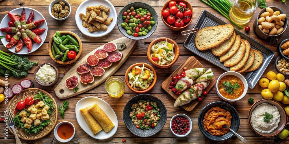 Top view of a delicious European dinner party buffet with a variety of food and drinks , Dinner party, European, Top view, Delicious Top view of a delicious European dinner party buffet with a variety of food and drinks , Dinner party, European, Top view, Delicious