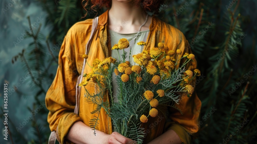 close-up of a woman holding a tansy in her hands. Selective focus close-up of a woman holding a tansy in her hands. Selective focus