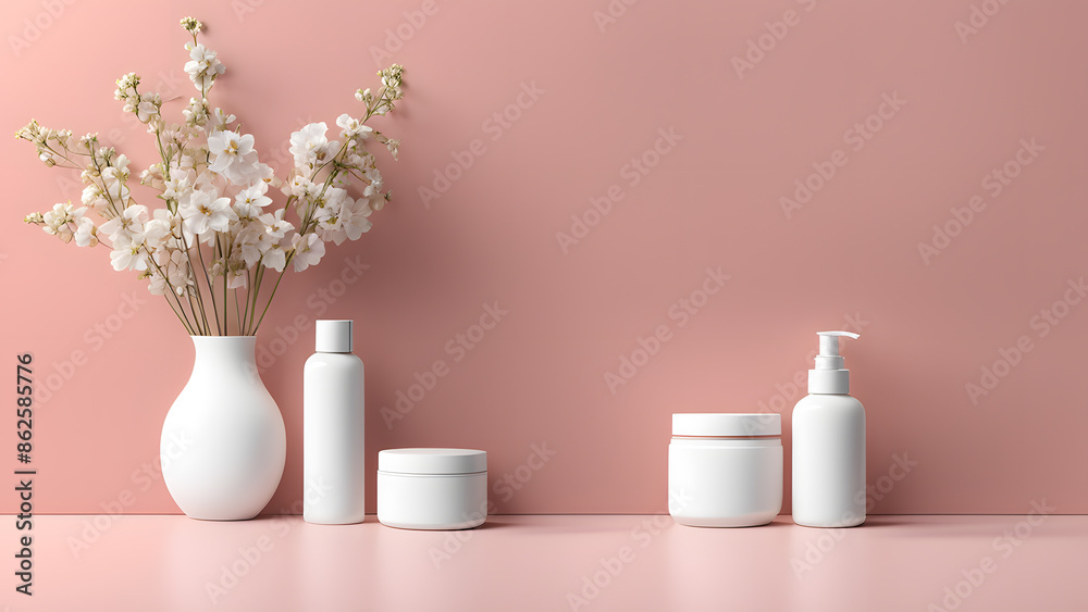 A white vase with flowers sits on a table next to several bottles and a pump A white vase with flowers sits on a table next to several bottles and a pump