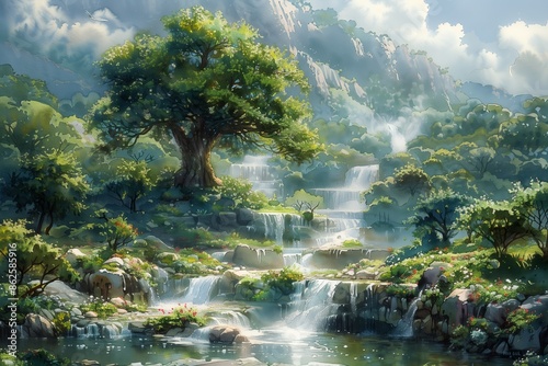 pserene garden in Eden with large tree, waterfalls, and winding river