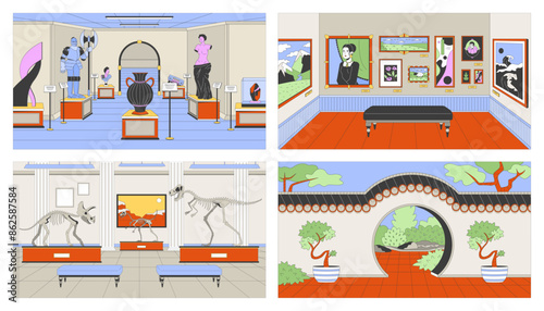 Museums art galleries cartoon flat illustrations set. Exhibition paintings 2D line interiors colorful backgrounds collection. Dinosaur skeletons, historical exhibits scenes vector storytelling images